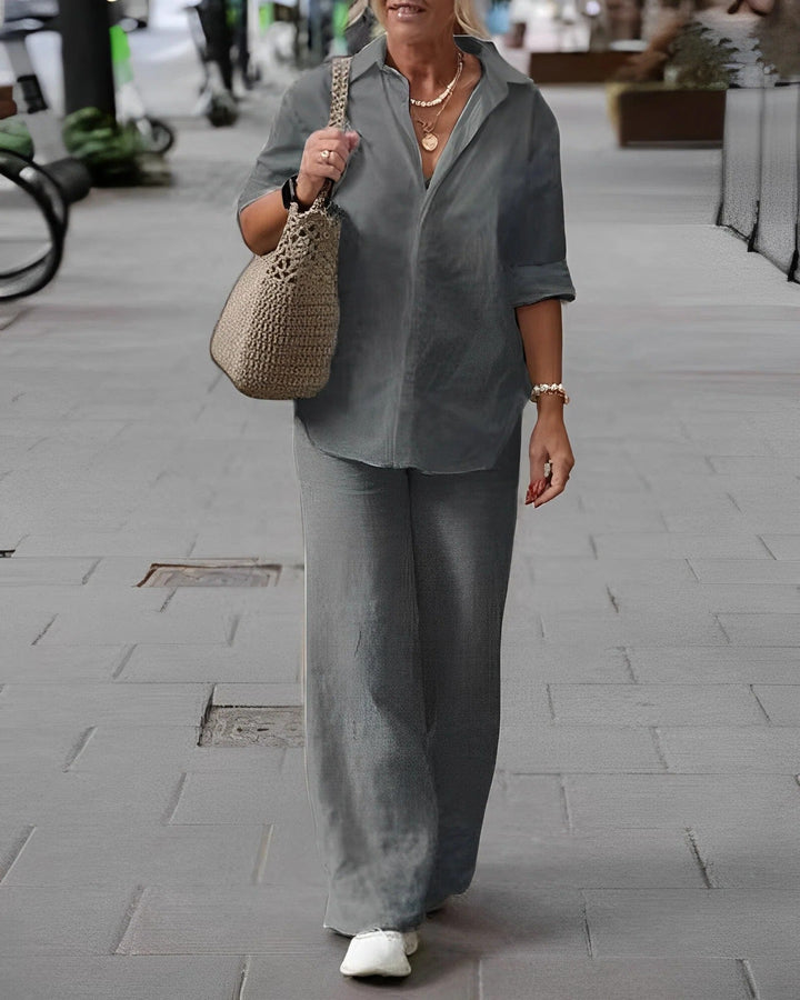 Ensemble deux pièces pour femme en lin, composé d’une chemise à manches longues et d’un pantalon