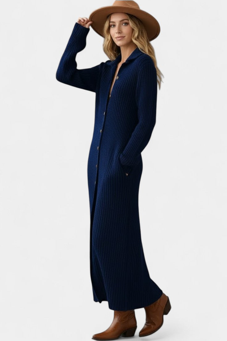 Women’s Knit Button-Front Collared Slit Maxi Dress