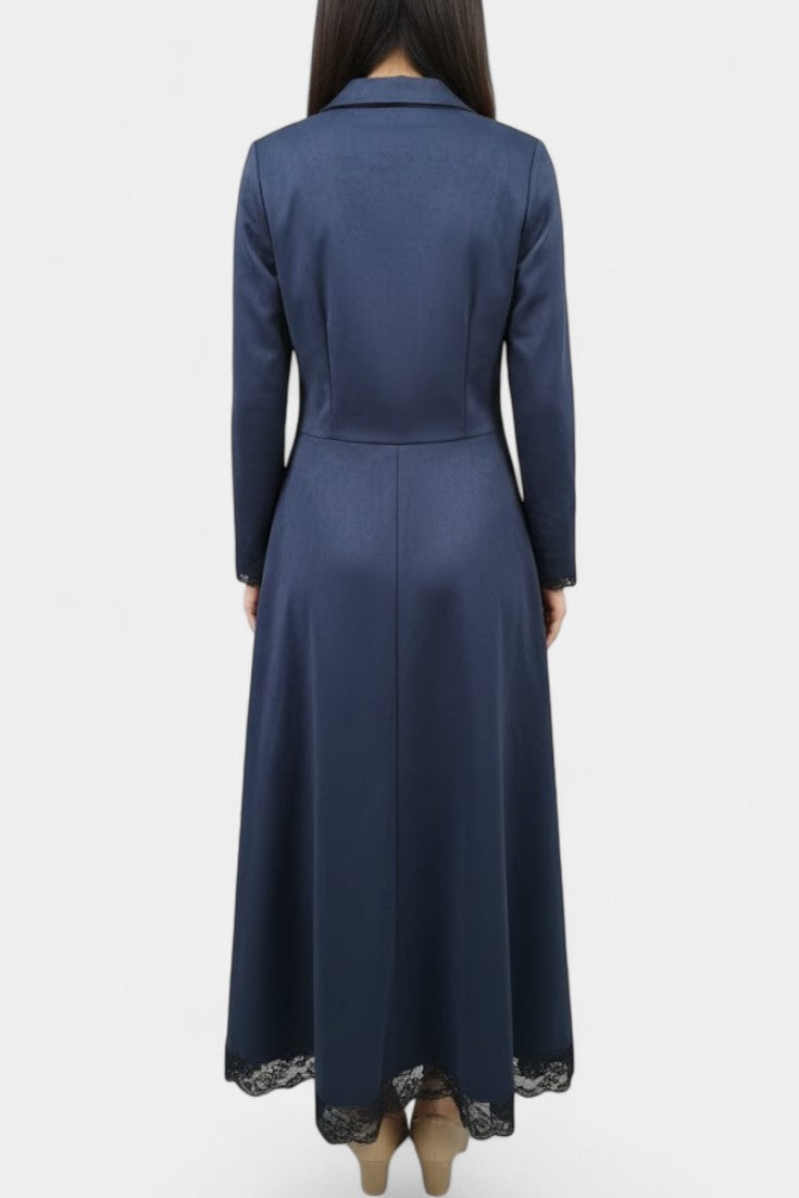 Women’s Suede Shirt-Collar Lace-Trim Maxi Dress