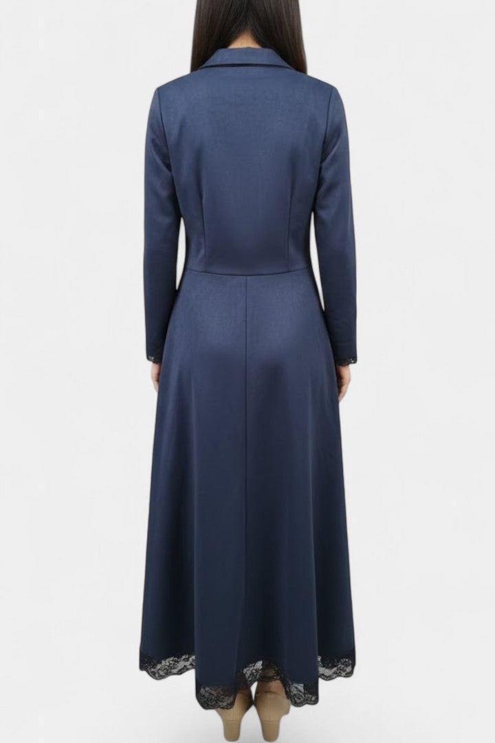 Women’s Suede Shirt-Collar Lace-Trim Maxi Dress