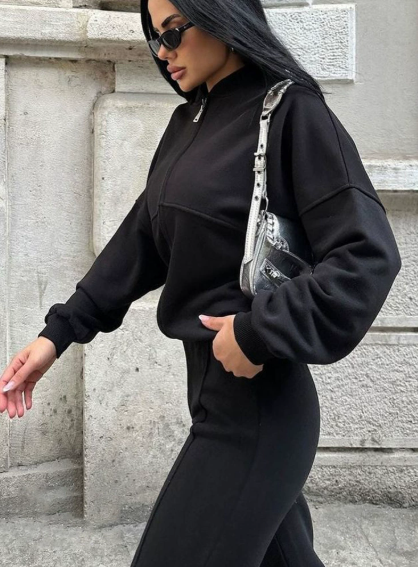 Ensemble deux pièces pour femme comprenant un blouson bomber entièrement zippé en mélange de rayonne et un pantalon à cordon de serrage