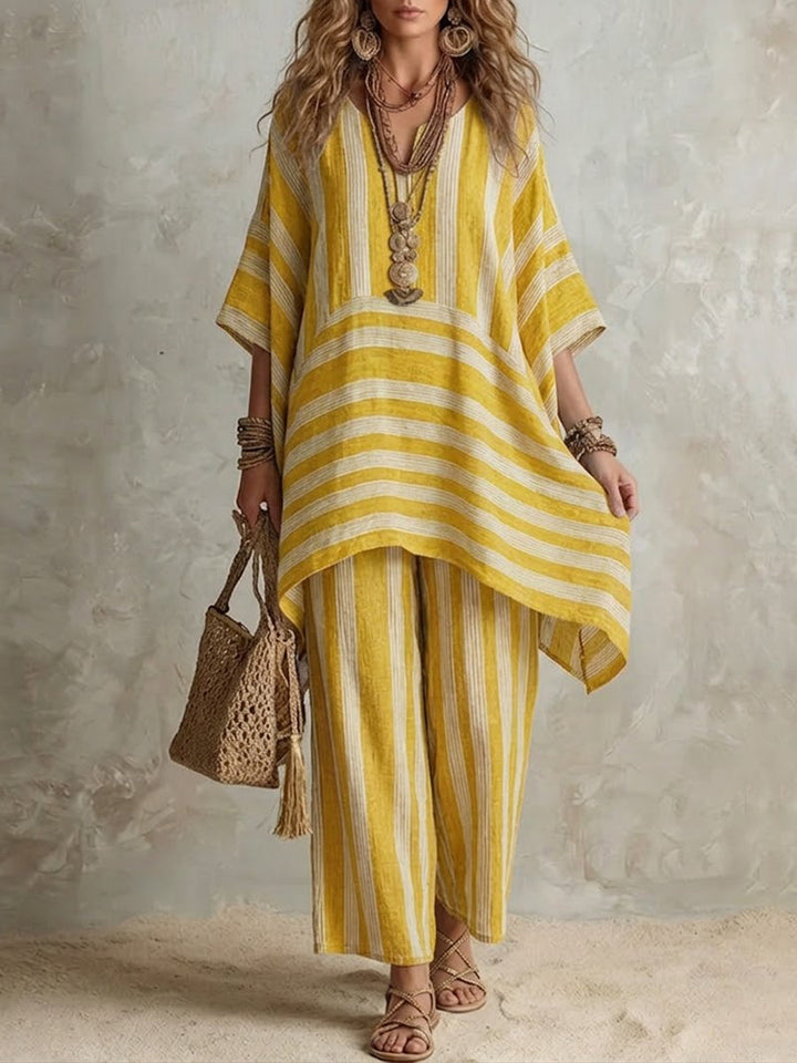 Dámská pruhovaná dvoudílná souprava z lnu v boho stylu s kalhotami