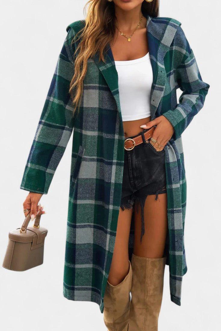 Women's Wool Plaid Long Hooded Coat Overcoat Shacket
