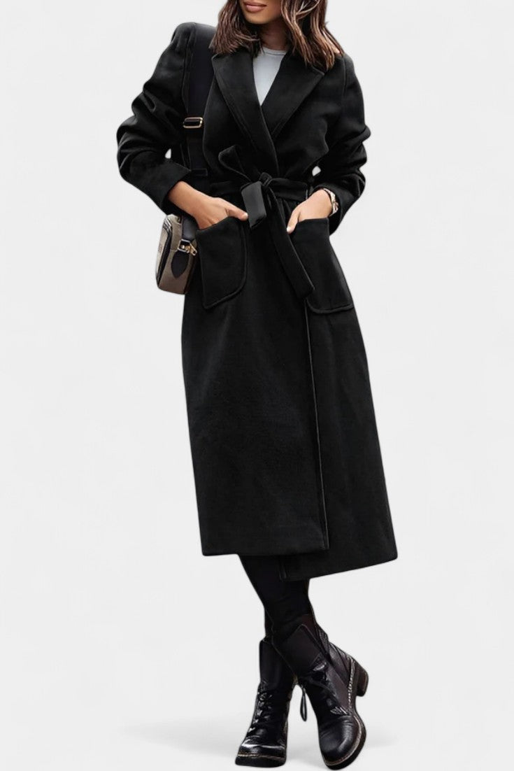Women’s Wool Belted Notched-Collar Long Trench Coat