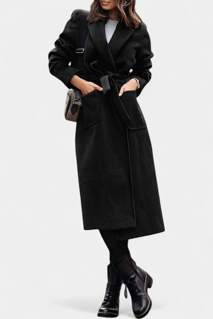 Women’s Wool Belted Notched-Collar Long Trench Coat
