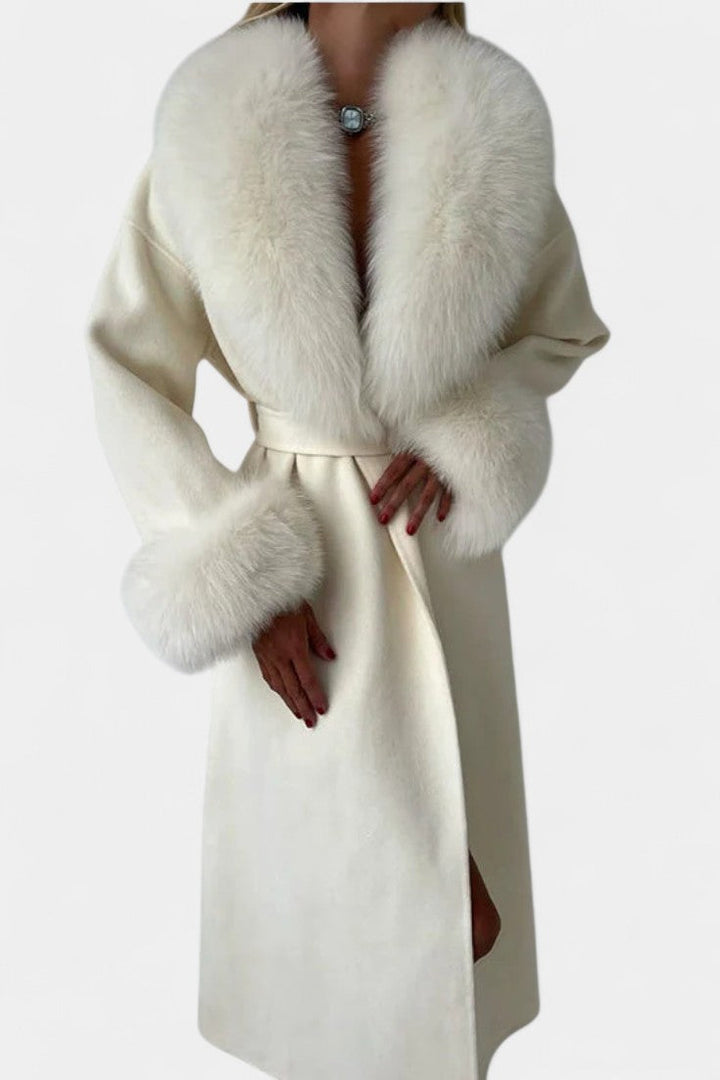 Women’s Wool-Blend Belted Long Coat with Faux Fur Collar
