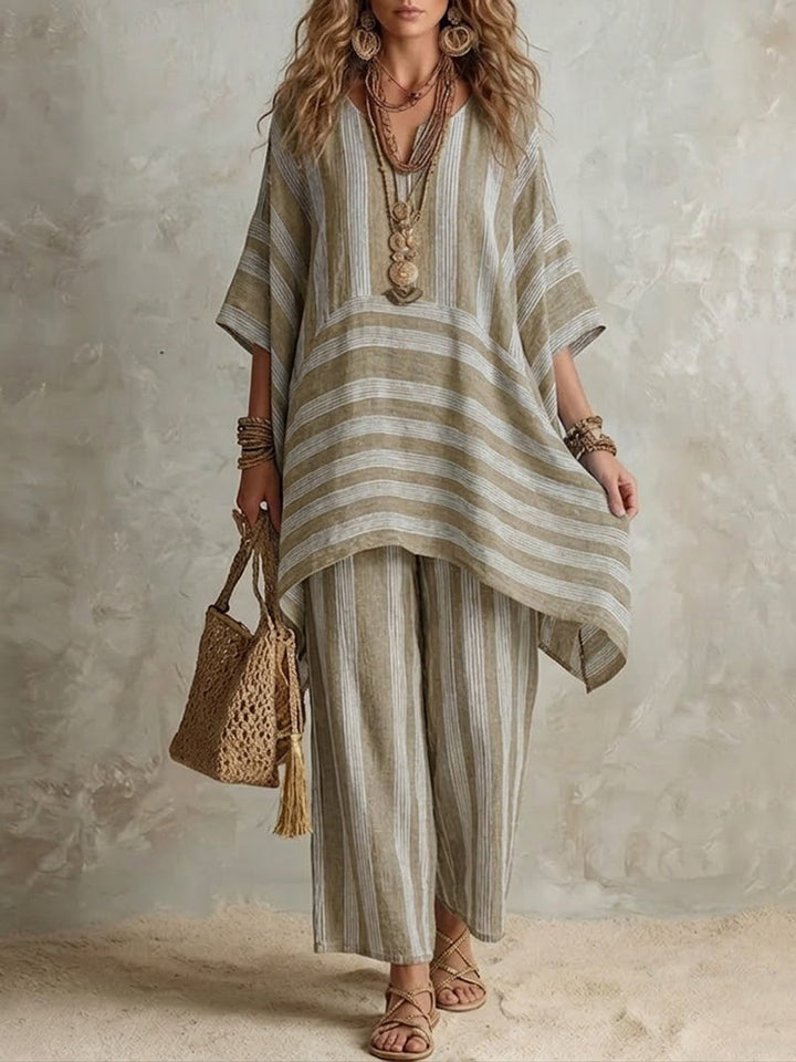 Dámská pruhovaná dvoudílná souprava z lnu v boho stylu s kalhotami