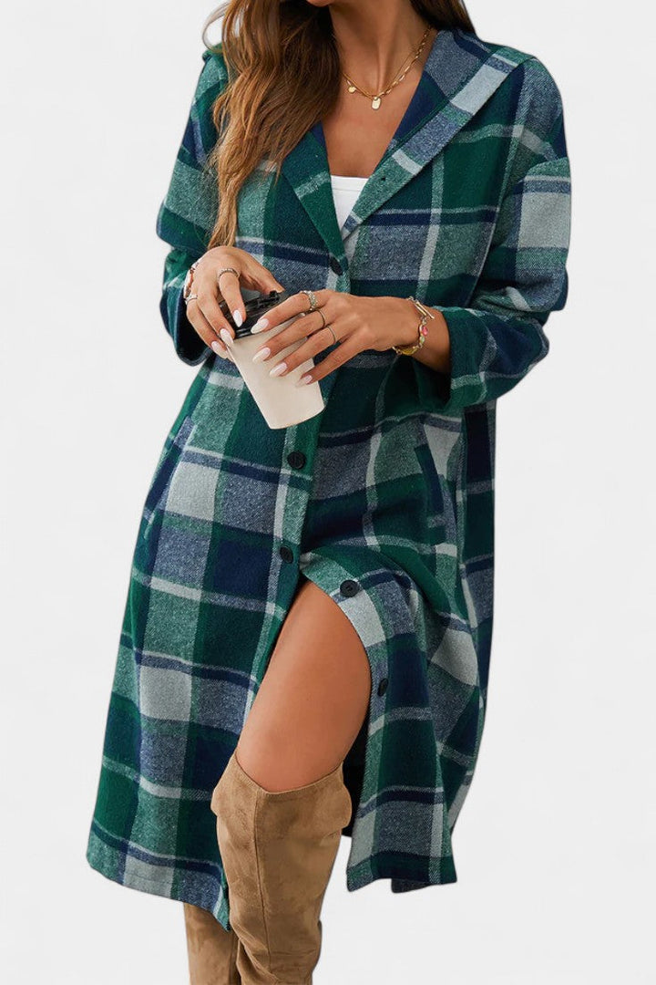Women's Wool Plaid Long Hooded Coat Overcoat Shacket
