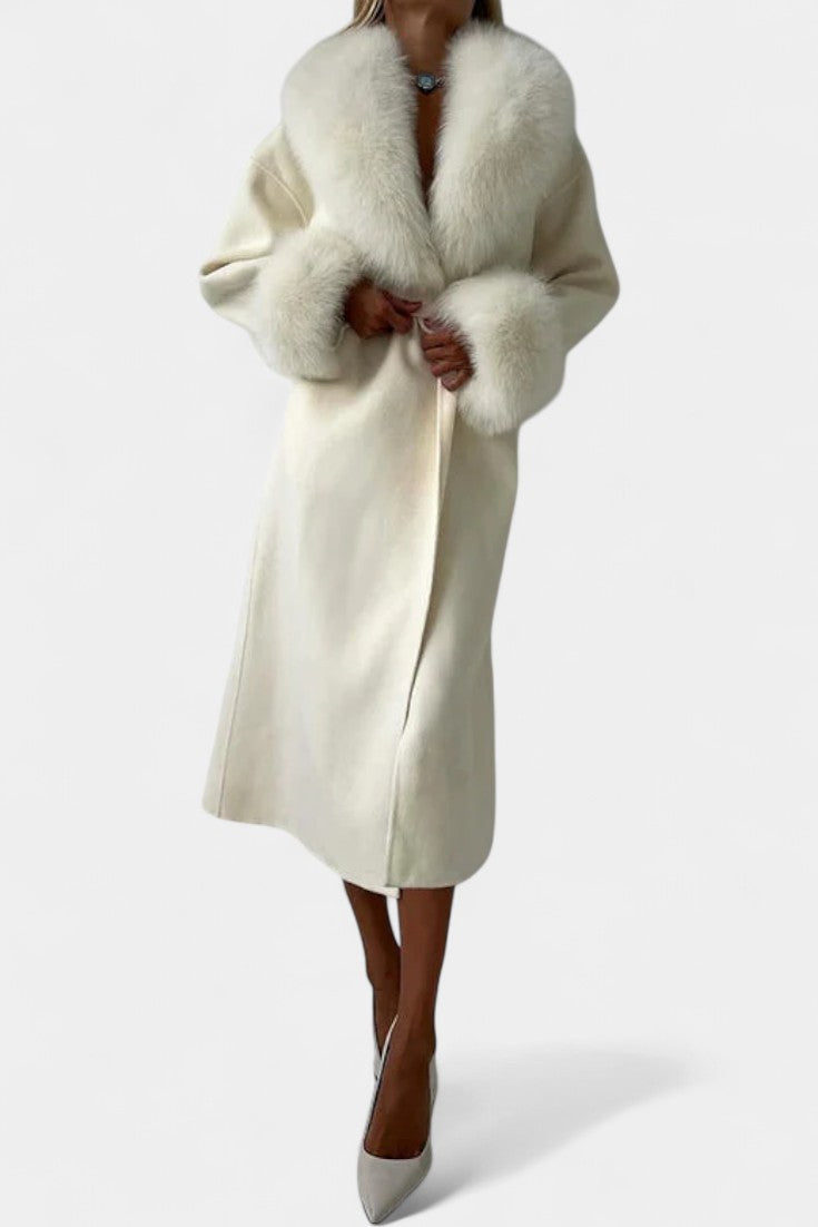 Women’s Wool-Blend Belted Long Coat with Faux Fur Collar