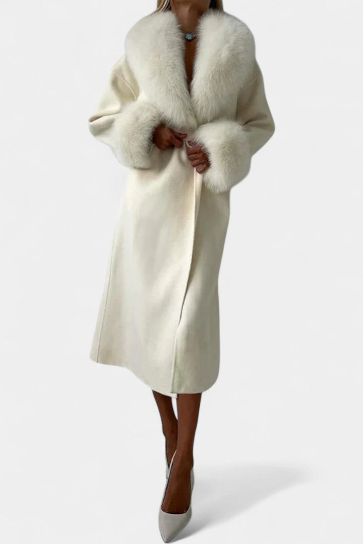 Women’s Wool-Blend Belted Long Coat with Faux Fur Collar