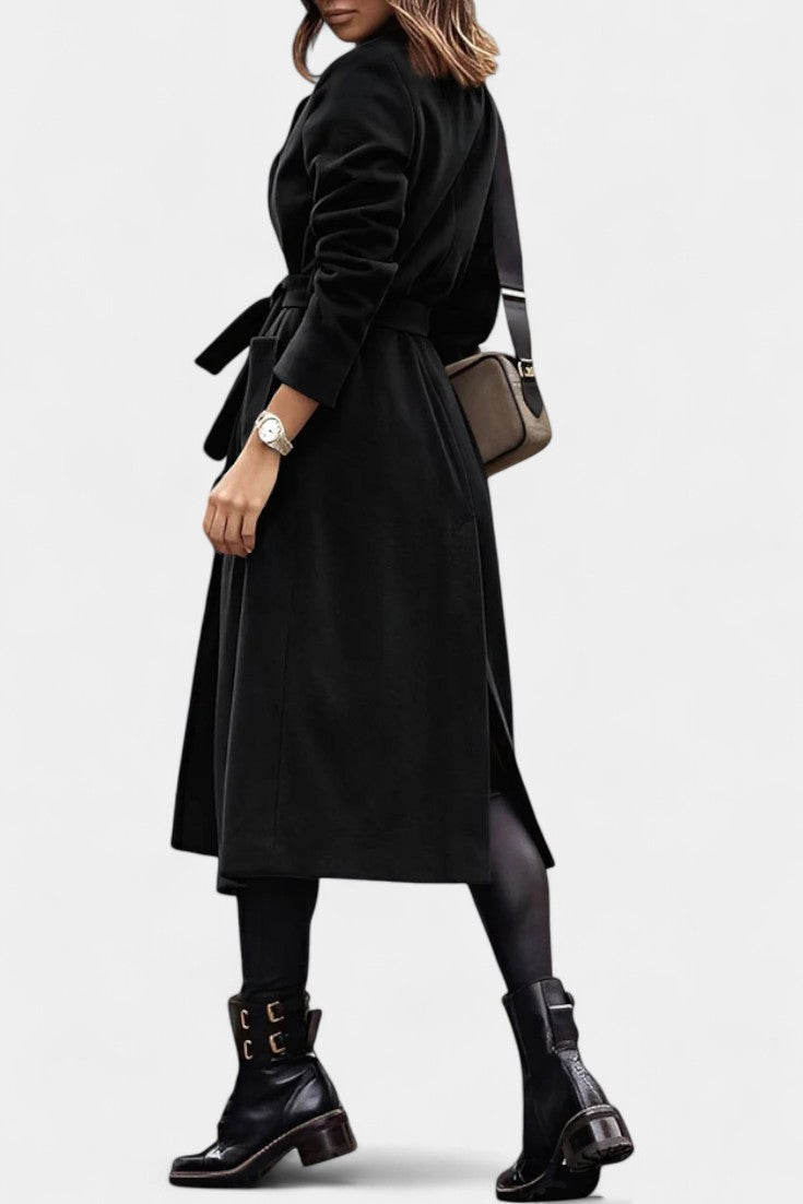 Women’s Wool Belted Notched-Collar Long Trench Coat