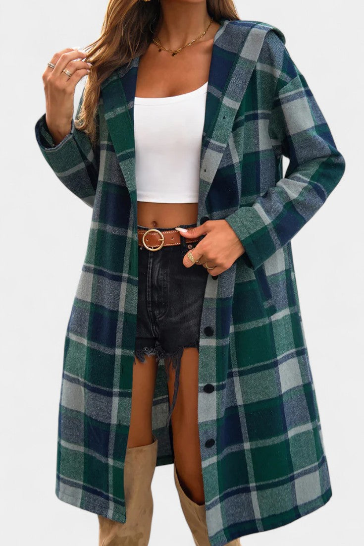 Women's Wool Plaid Long Hooded Coat Overcoat Shacket