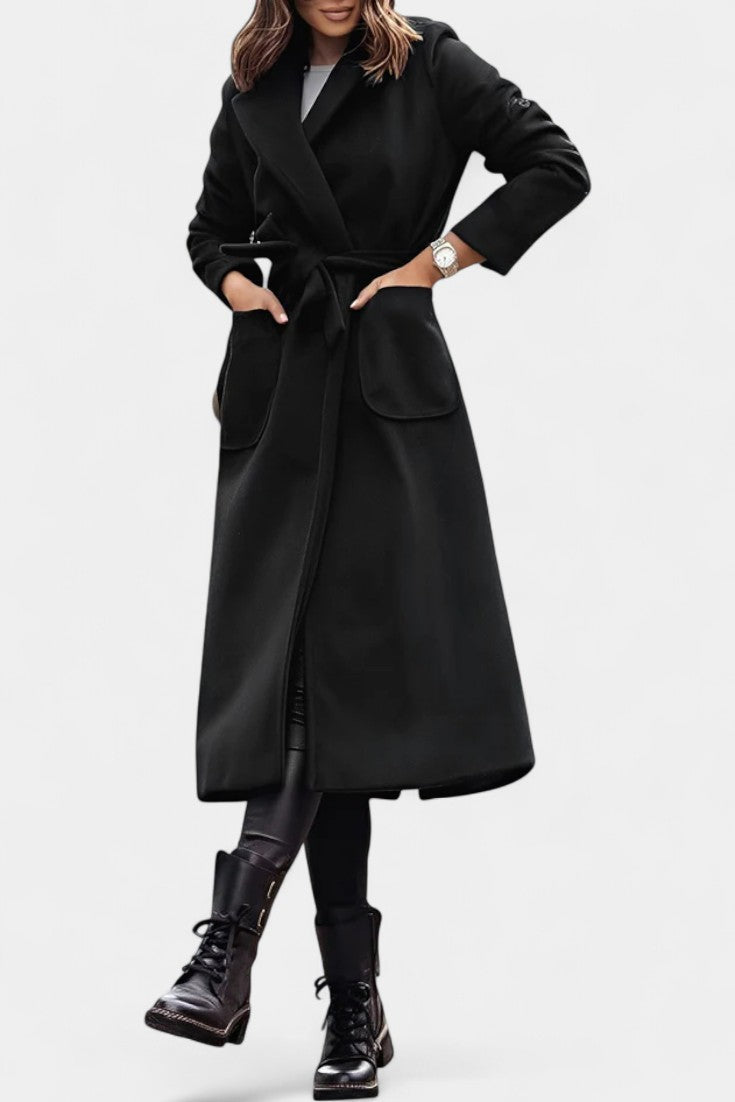 Women’s Wool Belted Notched-Collar Long Trench Coat