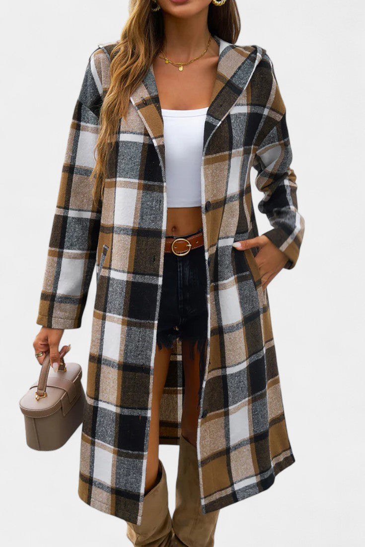 Women's Wool Plaid Long Hooded Coat Overcoat Shacket