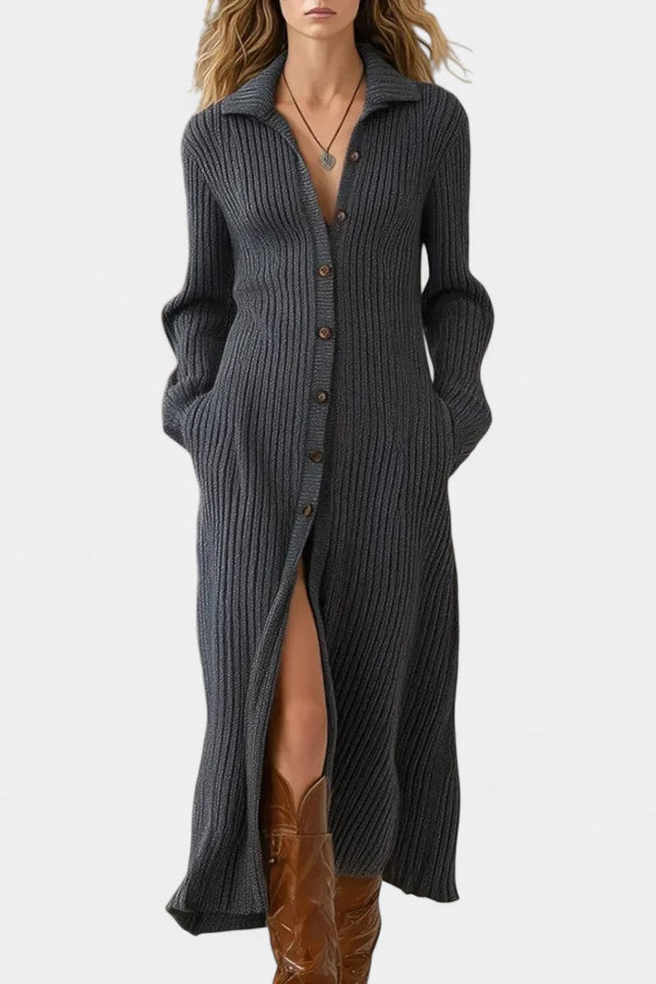 Women’s Knit Button-Front Collared Slit Maxi Dress