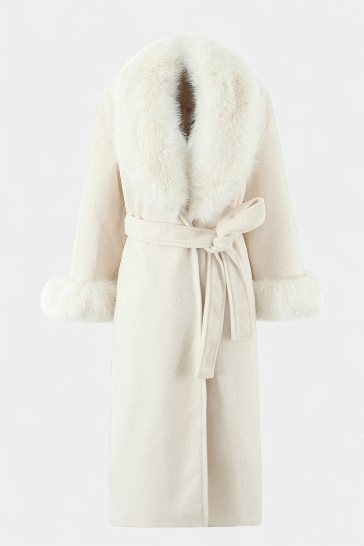 Women’s Wool-Blend Belted Long Coat with Faux Fur Collar