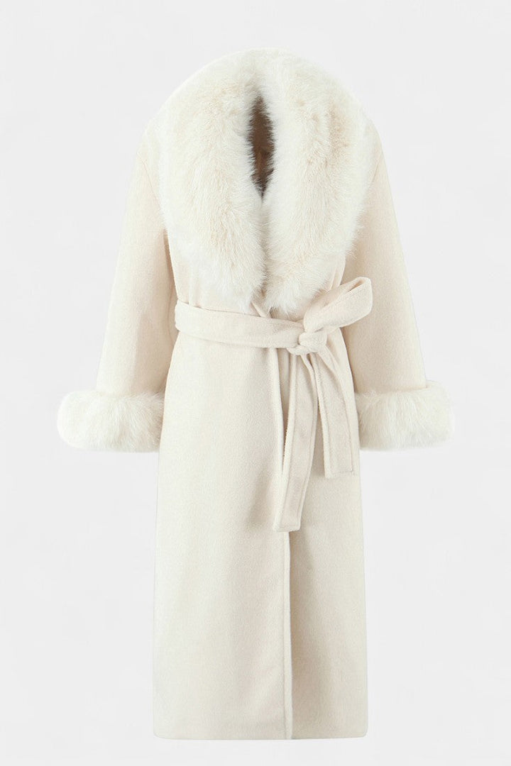 Women’s Wool-Blend Belted Long Coat with Faux Fur Collar