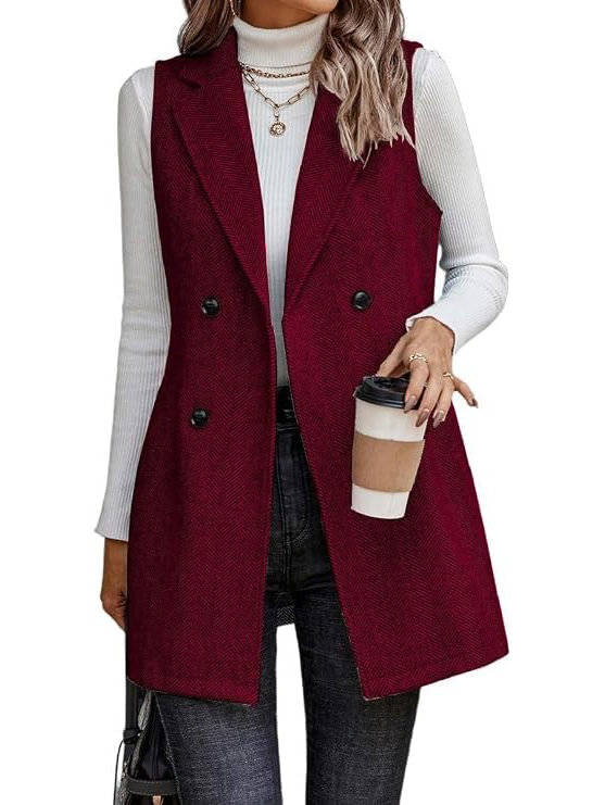 Women's Wool Vest Blazer Double Breasted Sleeveless Jacket