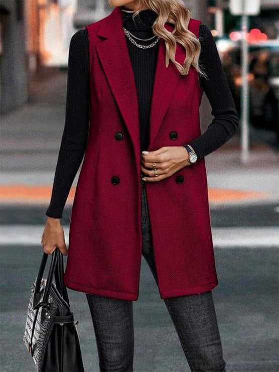 Women's Wool Vest Blazer Double Breasted Sleeveless Jacket
