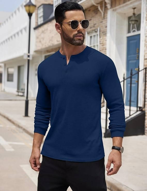 Men's Henley Shirt Long Sleeve Casual Linen Tops