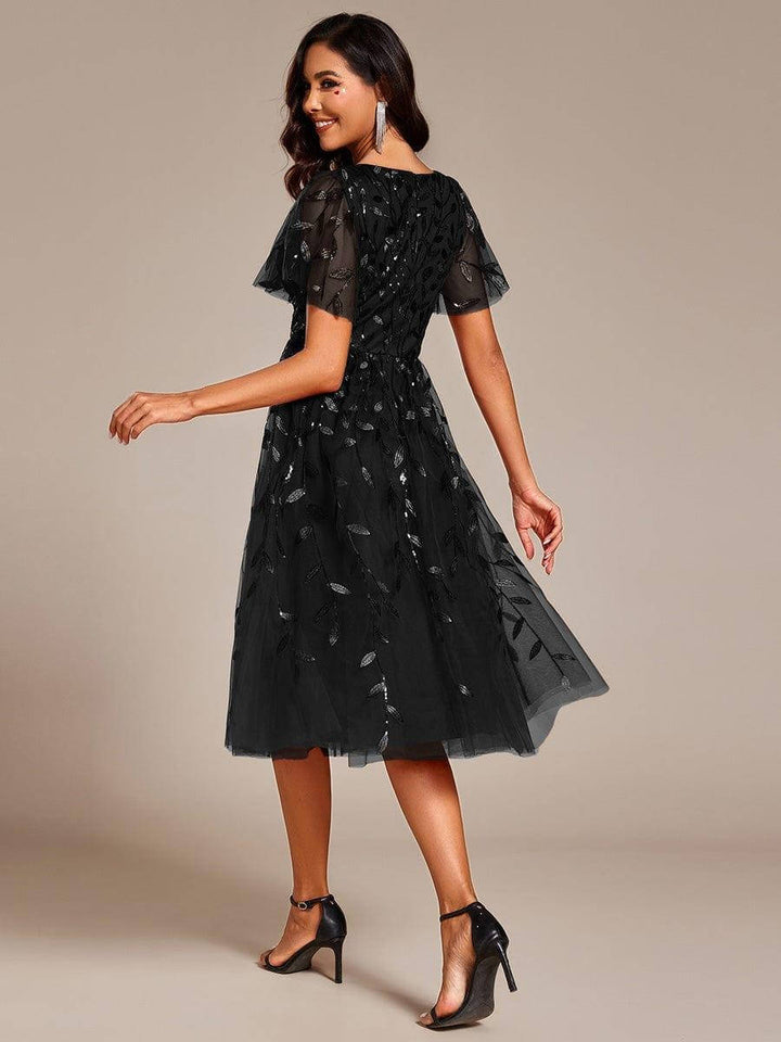 Robe midi trapèze en tulle brodé pour femme, à manches volantées