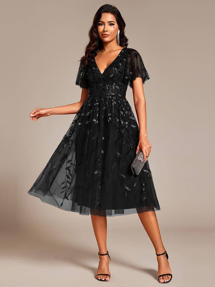 Robe midi trapèze en tulle brodé pour femme, à manches volantées