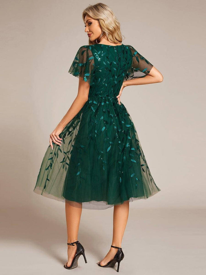 Robe midi trapèze en tulle brodé pour femme, à manches volantées