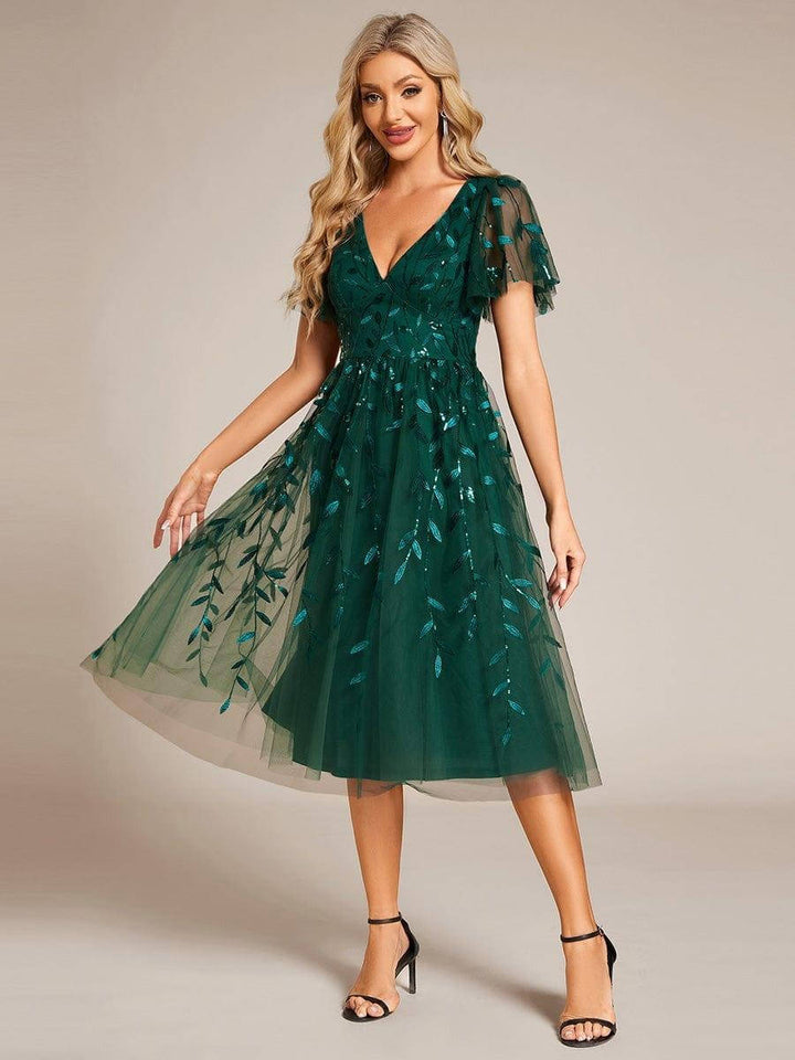 Robe midi trapèze en tulle brodé pour femme, à manches volantées