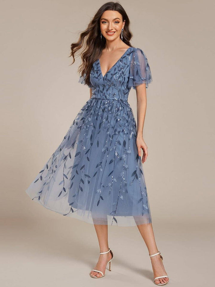 Robe midi trapèze en tulle brodé pour femme, à manches volantées