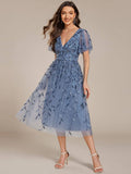 Robe midi trapèze en tulle brodé pour femme, à manches volantées