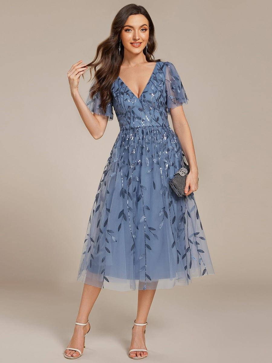 Robe midi trapèze en tulle brodé pour femme, à manches volantées