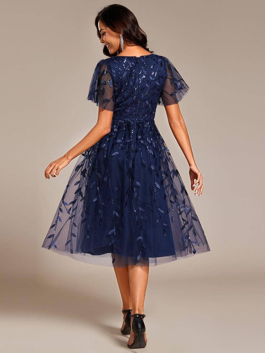 Robe midi trapèze en tulle brodé pour femme, à manches volantées