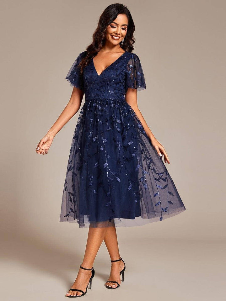 Robe midi trapèze en tulle brodé pour femme, à manches volantées