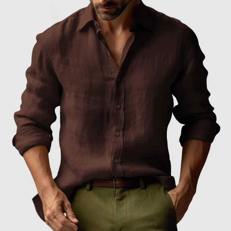 Men's Linen Long Sleeve Casual Shirt Breathable Button Down Top
