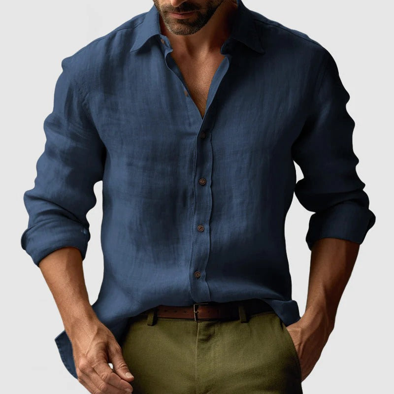 Men's Linen Long Sleeve Casual Shirt Breathable Button Down Top