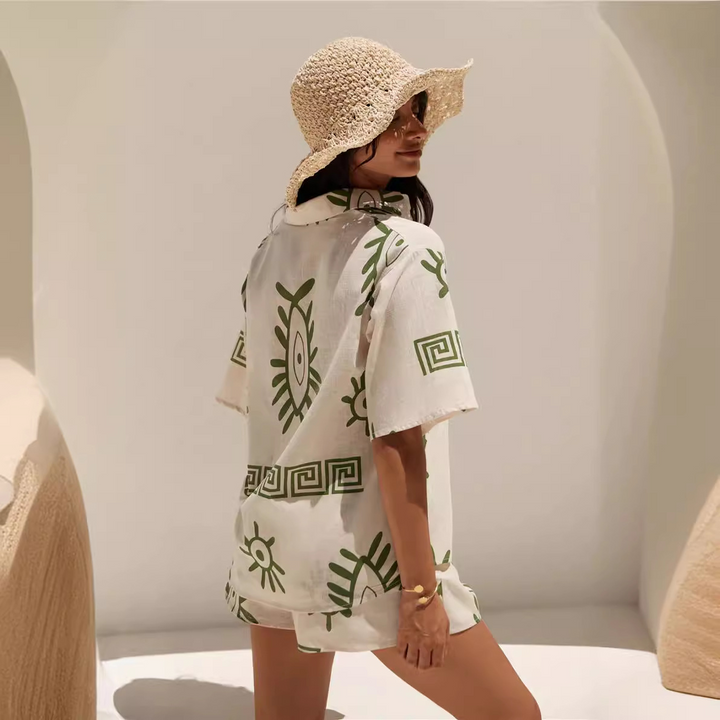 Women's Linen Two Piece Button Up Shirt Shorts Co-ord Set