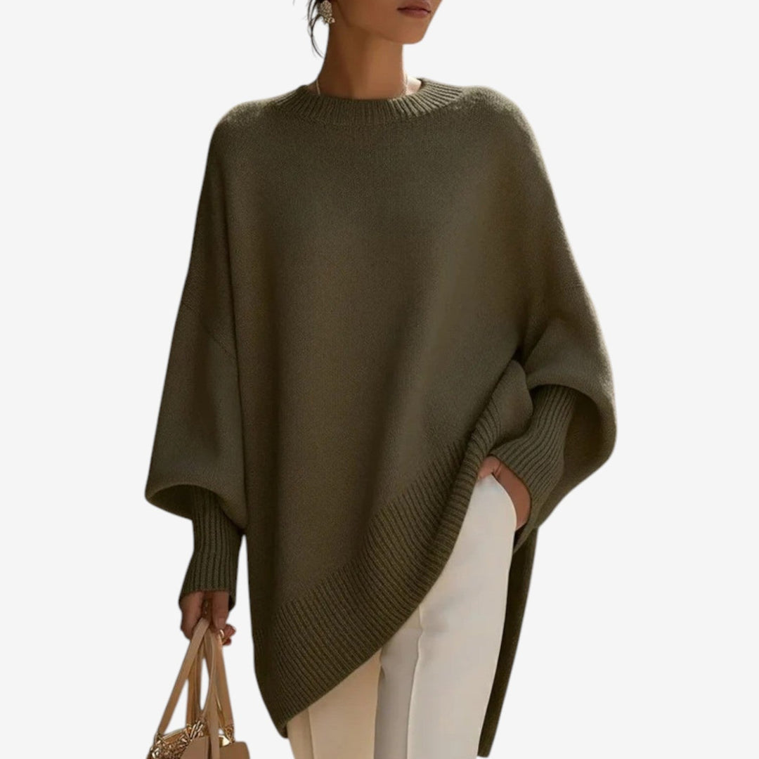 Γυναικεία μάλλινη oversized τουνίκ με στρογγυλή λαιμόκοψη και μανίκια τύπου νυχτερίδα