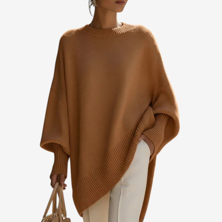 Γυναικεία μάλλινη oversized τουνίκ με στρογγυλή λαιμόκοψη και μανίκια τύπου νυχτερίδα