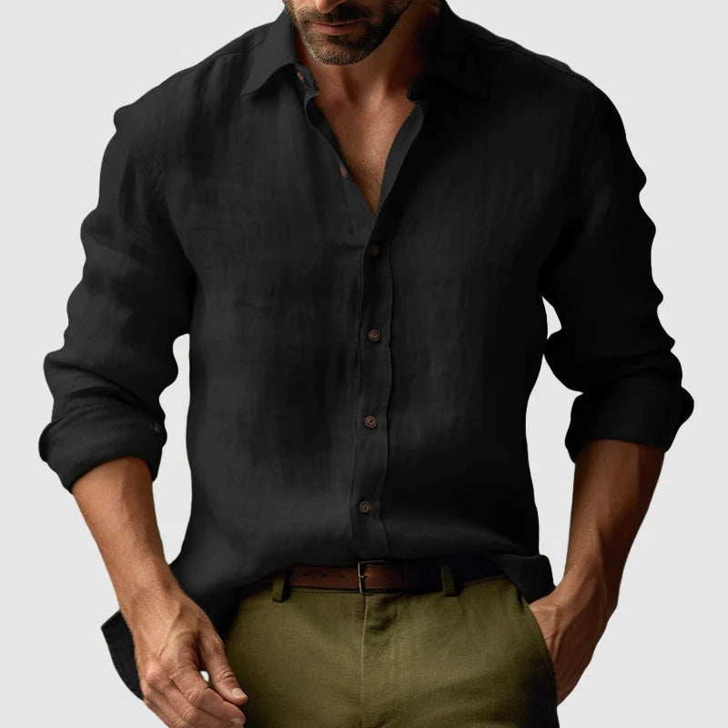 Men's Linen Long Sleeve Casual Shirt Breathable Button Down Top