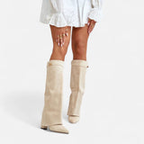 Women's Leather Fold-Over Pointed Toe Wedge Boots