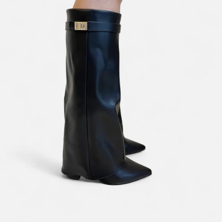 Women's Leather Fold-Over Pointed Toe Wedge Boots