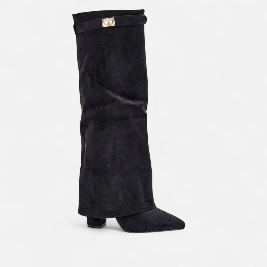 Women's Leather Fold-Over Pointed Toe Wedge Boots