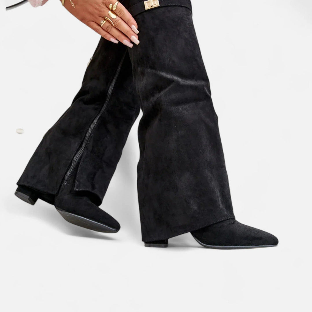 Women's Leather Fold-Over Pointed Toe Wedge Boots