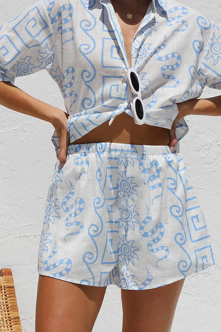 Women's Linen Two Piece Button Up Shirt Shorts Co-ord Set