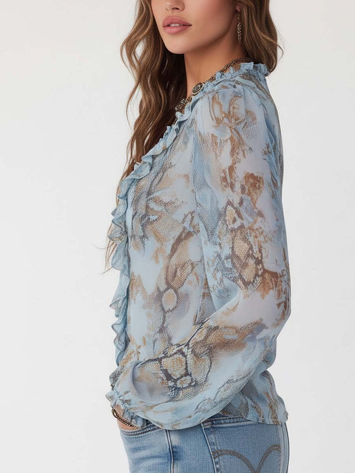 Blouse imprimée pour femme en mousseline, à manches longues et à volants