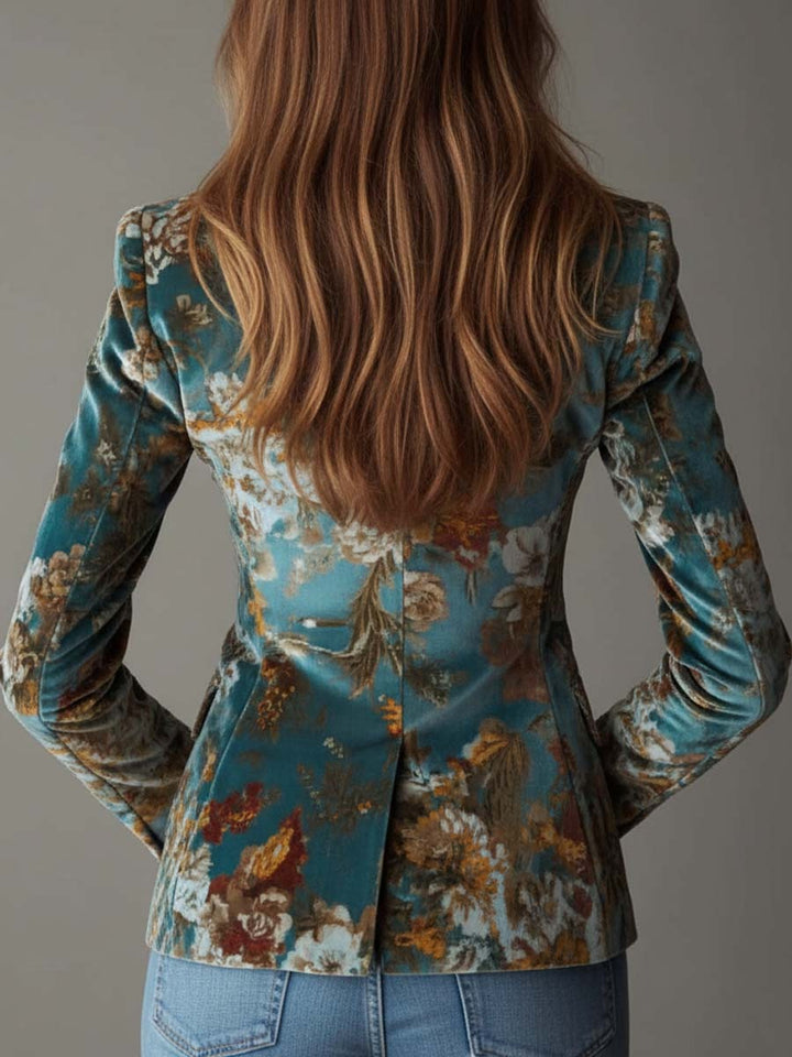 Blazer fleuri en velours pour femme, veste de tailleur imprimée, manteau de costume