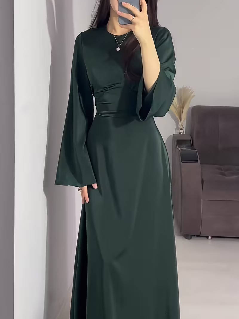 Women's Long Sleeve Satin Maxi Formal Evening Gown Dress