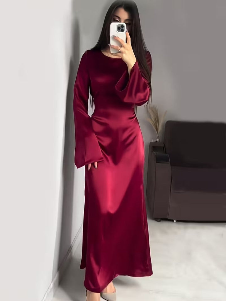 Women's Long Sleeve Satin Maxi Formal Evening Gown Dress
