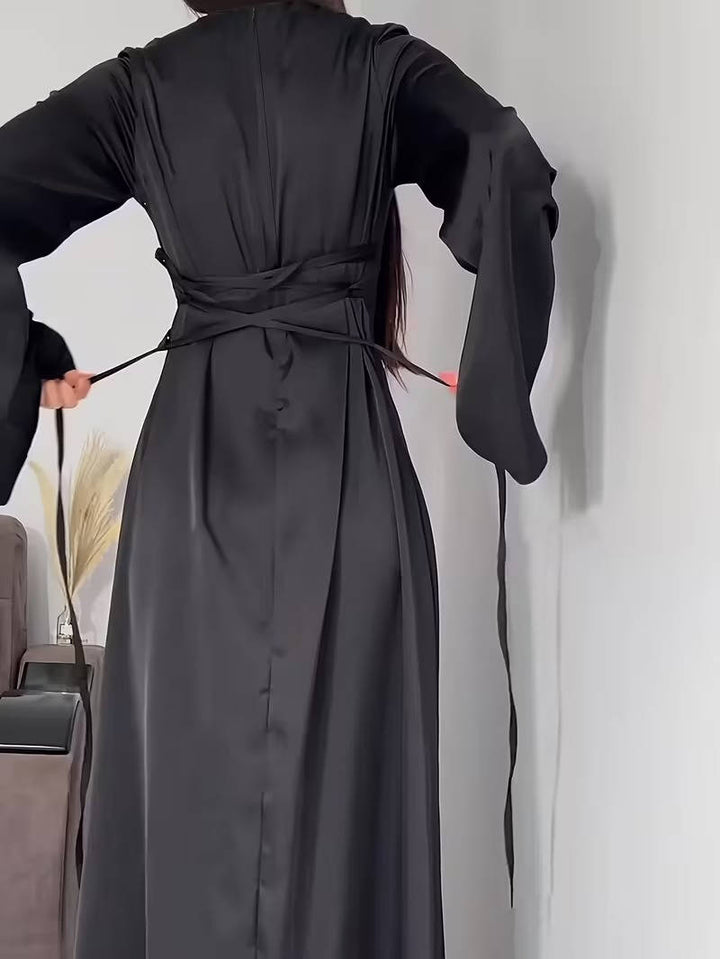 Women's Long Sleeve Satin Maxi Formal Evening Gown Dress