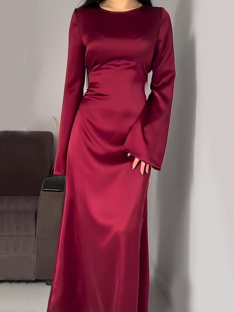 Women's Long Sleeve Satin Maxi Formal Evening Gown Dress